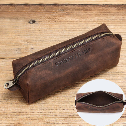Handmade Cowhide Leather Pen Pouch Zipper Pencil Case Stationery Storage Pen Bag