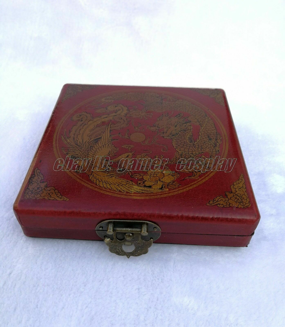 Old Chinese Feng Shui Compass W. Leatherette Wood Dragon Phoenix Box 13cm