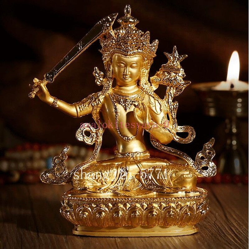 14.5cm Exquisite Alloy Gilt Manjushri Buddha Statue Tibetan Handcarved Ornament