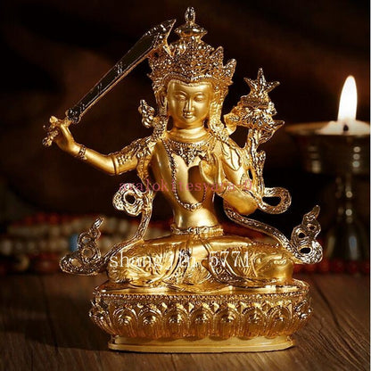 14.5cm Exquisite Alloy Gilt Manjushri Buddha Statue Tibetan Handcarved Ornament