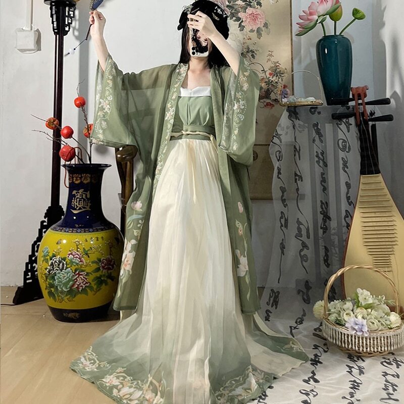 Chinese Hanfu Dress 3PCS Set Tea Green Flowing Maxi Dress Chinese Ancient Women