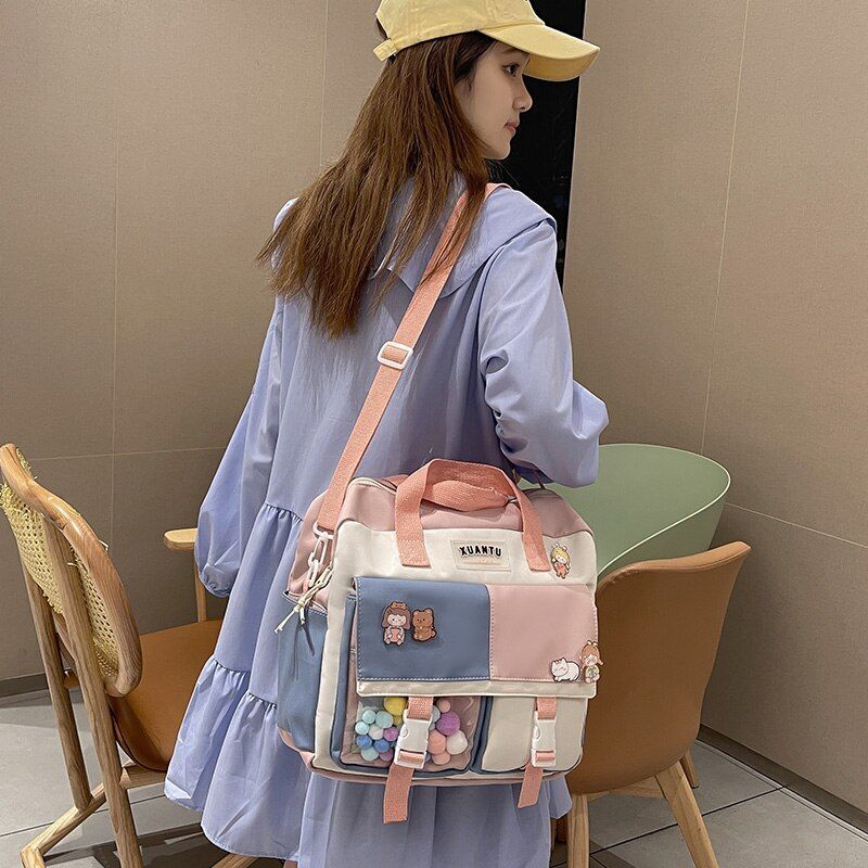 Contrast Color Backpack Multifunctional Nylon Fabric School Bag Purple/Pink/Blue