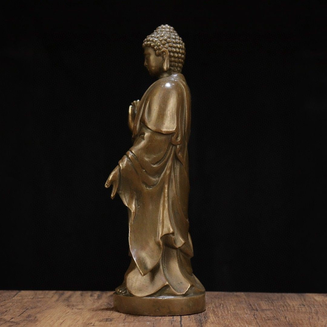 22cm Pure Copper Amitabha Buddha Statue Standing Brass Buddhist Figurine