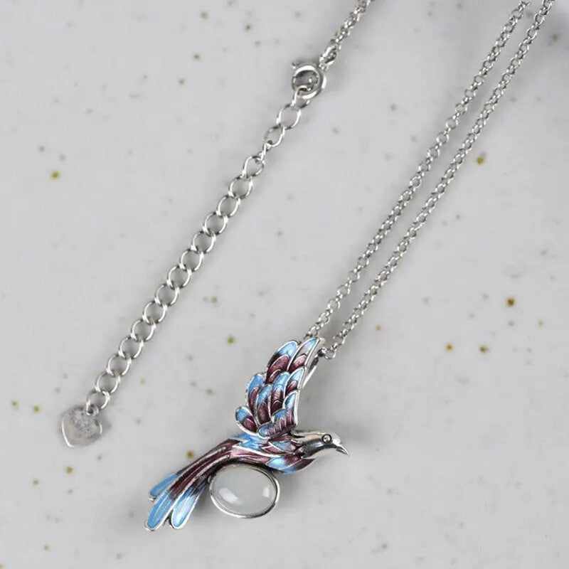 Burnt Blue Magpie Pendant with Natural Stone Necklace -