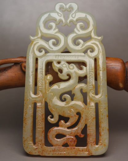 Chinese Natural Hetian Jade Carving Dragon Phoenix Statue Nice Pendant Jewelry