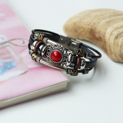 Retro Leather Layered Bracelet Red Stone Skull Mag Clasp Couple Jewelry