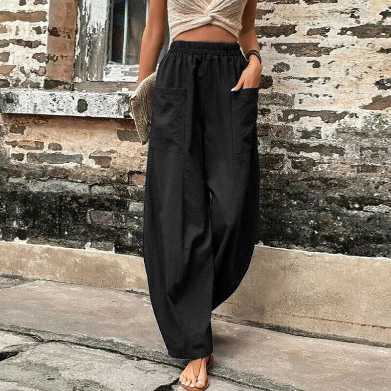 Women Summer Ice Silk Pocket Wide Leg Baggy Pants Elastic High Waist Trousers