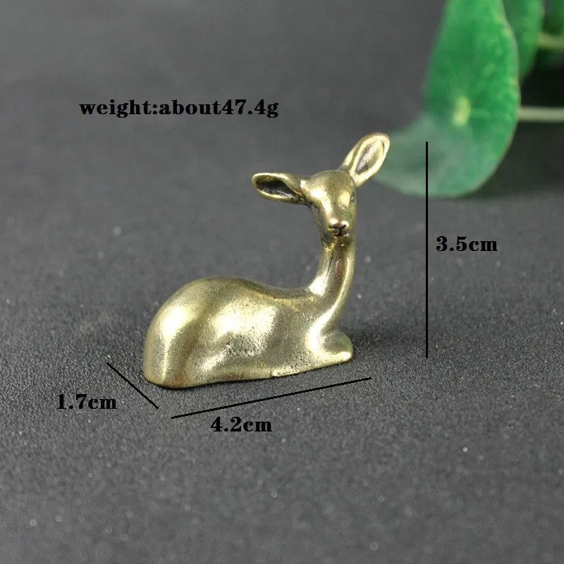 Pure Copper Lying Sika Deer Figurines Miniatures Small Desktop Ornament