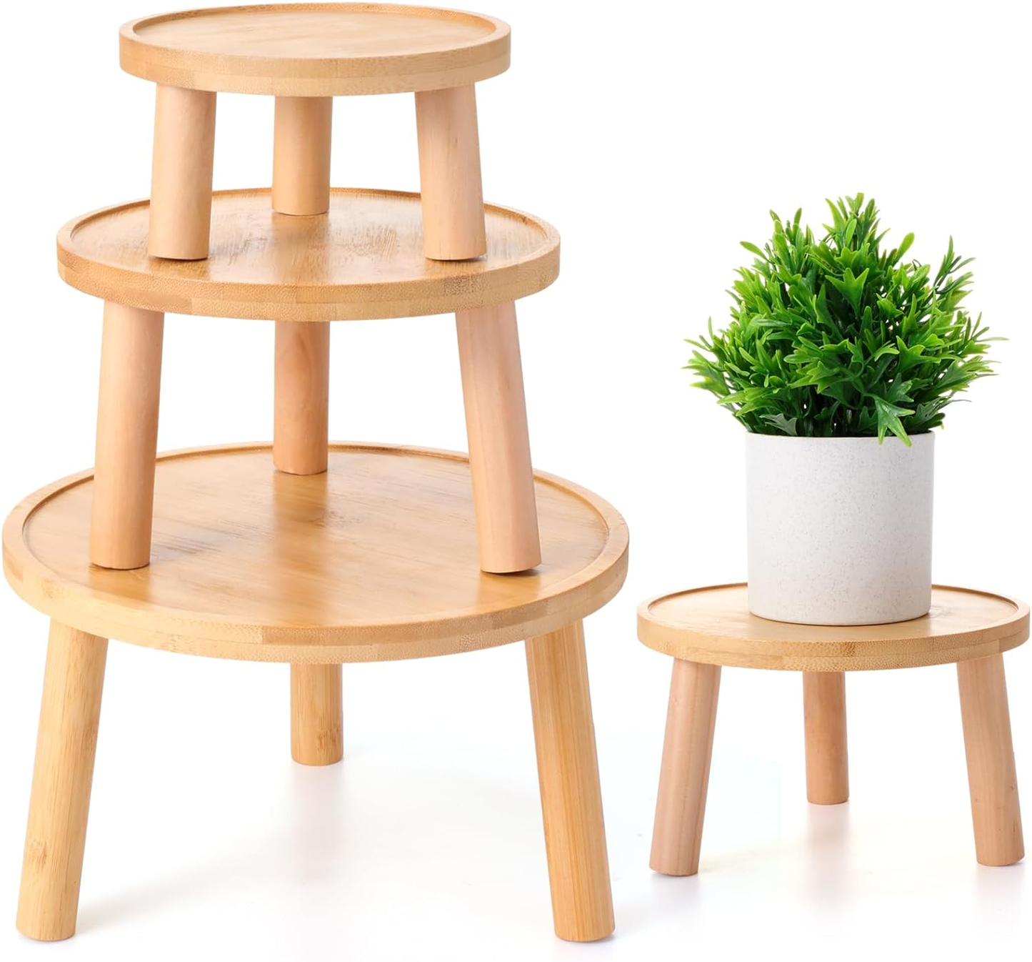 Round Wooden Plant Stand Stool Risers Pots Flower Home Office Decor Set of 3