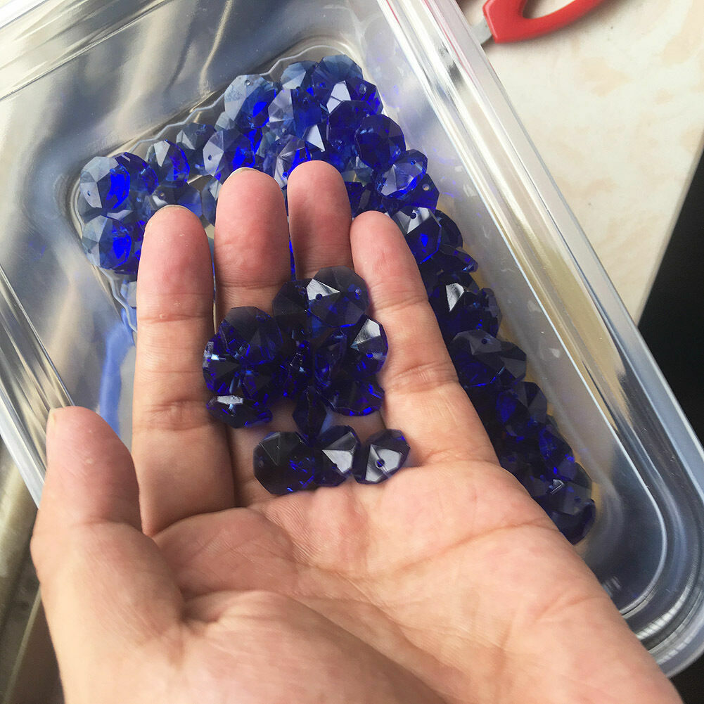 30Pc 14MM Blue Glass Octagon Crystal Beads Chandelier Part DIY Lamp Prism 2Holes