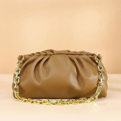 Genuine Cow Leather Handbag Thick Thin Chain Cloud Dumplings Clutch Shoulder Bag