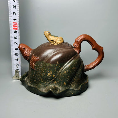 Vintage Chinese Yixing Purple Clay Teapot Zisha Ceremony Lotus Leaf Frog Tea Set