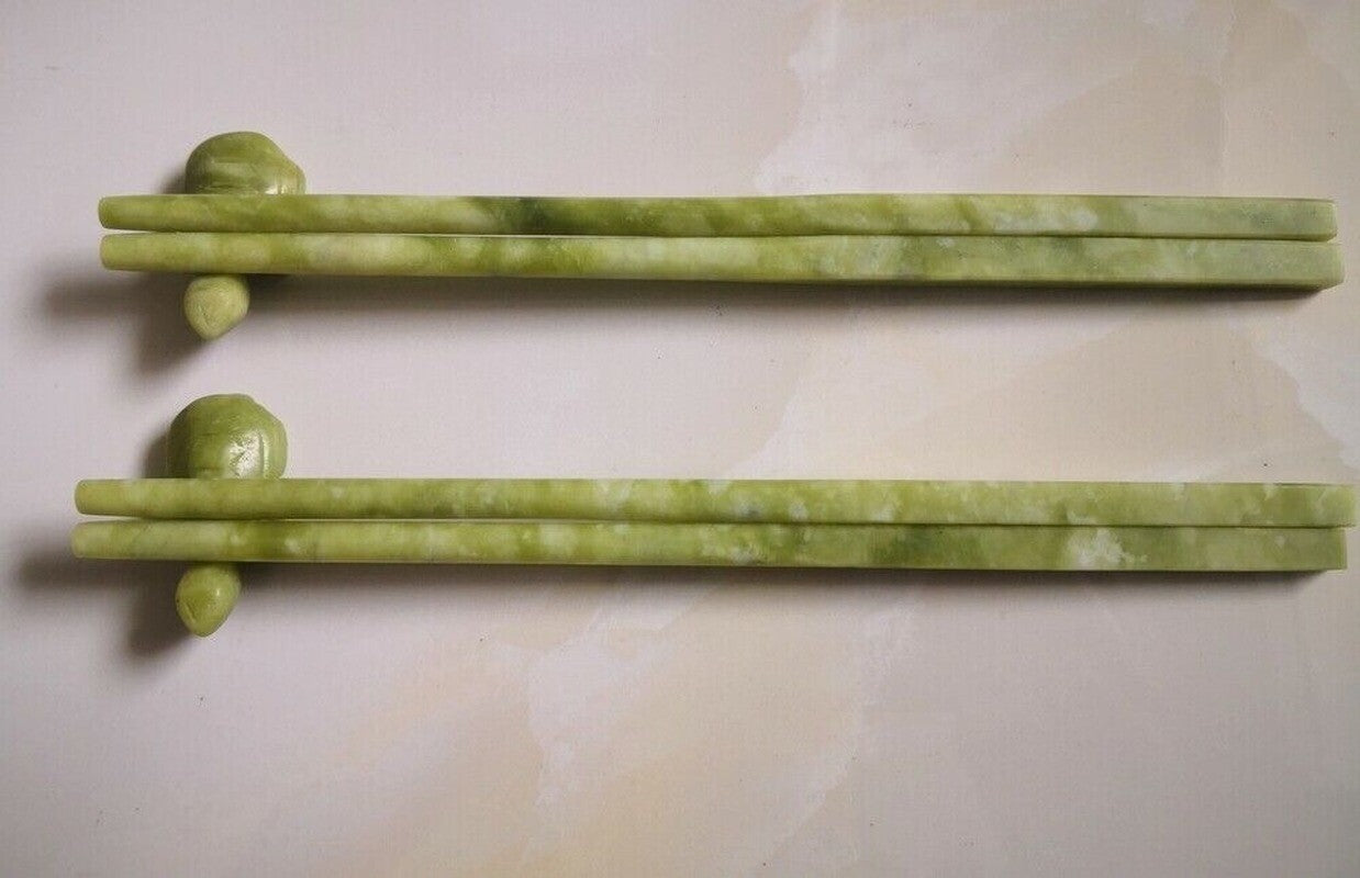 2 Pair Nephrite Spinach Natural Jade Vintage Chinese Chopsticks+bracket