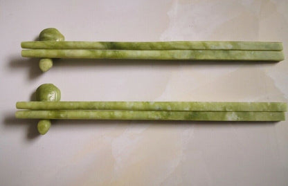 2 Pair Nephrite Spinach Natural Jade Vintage Chinese Chopsticks+bracket