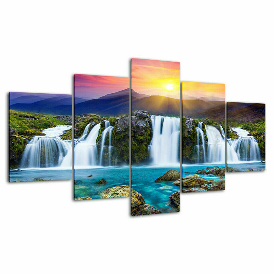 Mountain Waterfall in Sunshine Canvas Prints Painting Wall Art Decor Picture 5PC