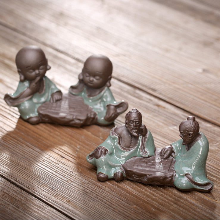 Creative Tea Pet Kids Playing With Chess Statue Porcelain Tea Play Home Deco.