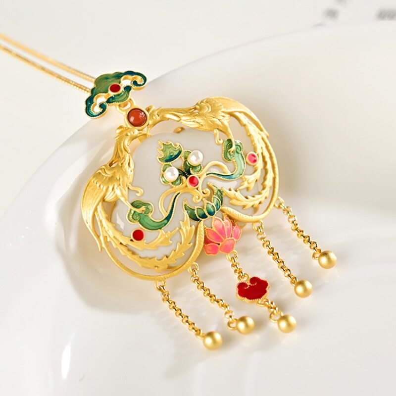 Natural Haitian Jade Palace Style Enamel Porcelain Phoenix Pendant Luxury Tassel -