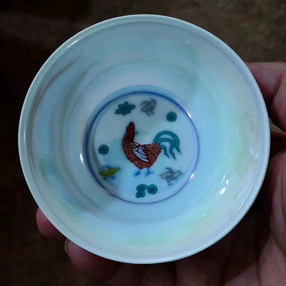 3.1" Chinese Ming Doucai Contrasting Colors Porcelain Colorful Glaze Chicken Cup
