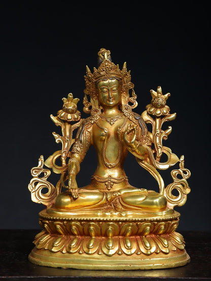 10"Tibet Buddhism Temple Bronze Gilt Tara Kwan-Yin GuanYin Goddess Buddha Statue