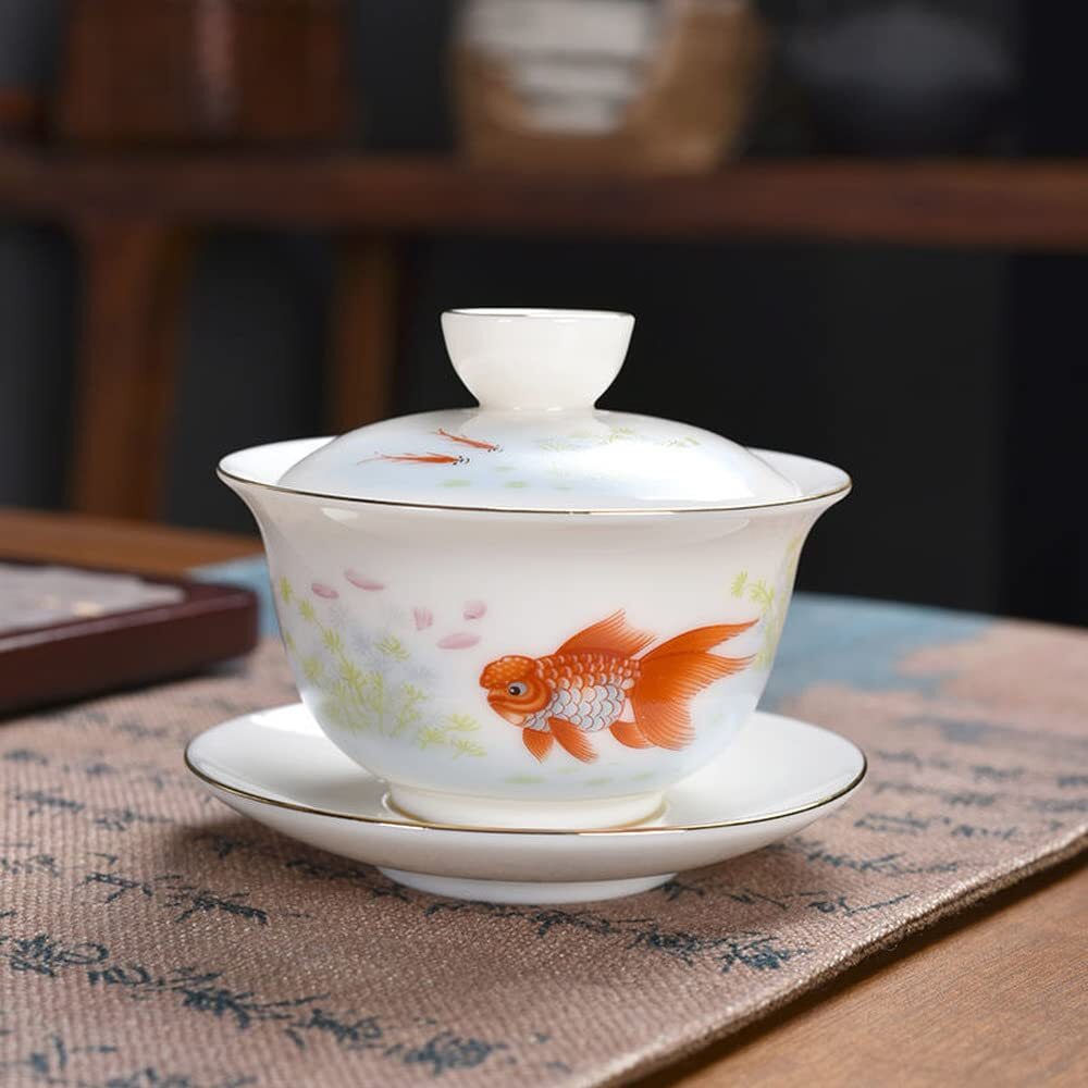 185ml Hand Painted Koi Pattern Gaiwan Teacup Bowl Kung Fu Tea Set Tureen