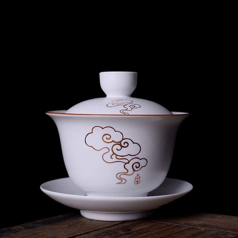 Porcelain Gaiwan 8oz Teacup White Tureen Chinese Cover Bowl Lip Cup Saucer Set