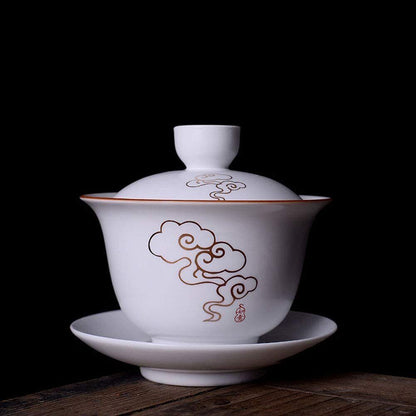 Porcelain Gaiwan 8oz Teacup White Tureen Chinese Cover Bowl Lip Cup Saucer Set