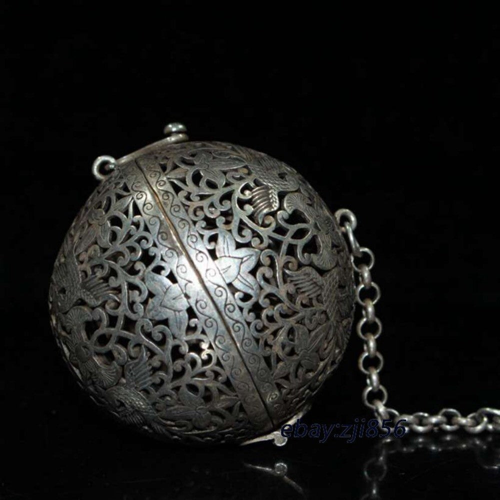 Old antique silver handmade carved Crane pattern Hang ball incense burner