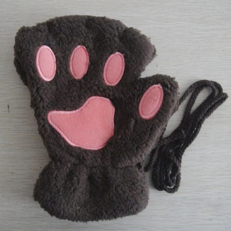Women Fingerless Gloves Plush Fluffy Cat Paw Claw Panda Mittens Warm Winter Wear