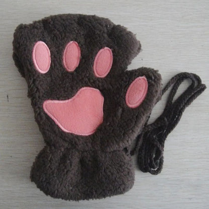 Women Fingerless Gloves Plush Fluffy Cat Paw Claw Panda Mittens Warm Winter Wear