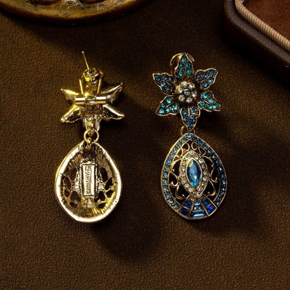 Vintage Blue Crystal Flower Jewelry Set Teardrop Necklace Earrings 2Pcs