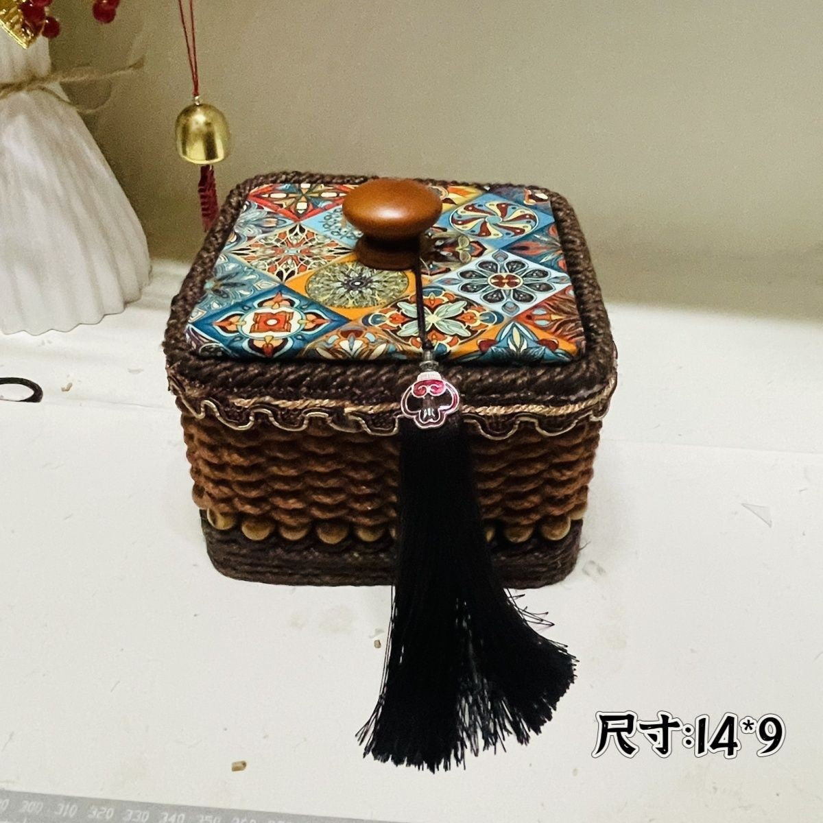 Handwoven Hemp Rope Jewelry Box Vintage Boho Tassel Storage 14×9cm