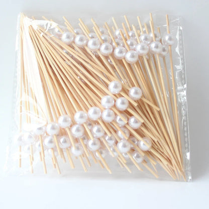 Bamboo Skewer 100Pcs Wedding Pearls Disposable Wooden Cocktail Fruits Fork 12cm