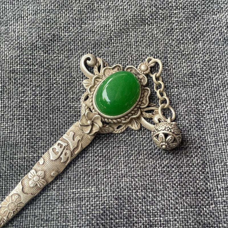 Miaosilver Hairpin Vintage Green Gem Hair Stick Antique Tassel Hair Jewelry