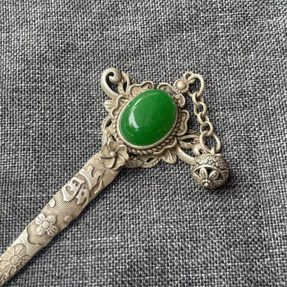 Miaosilver Hairpin Vintage Green Gem Hair Stick Antique Tassel Hair Jewelry