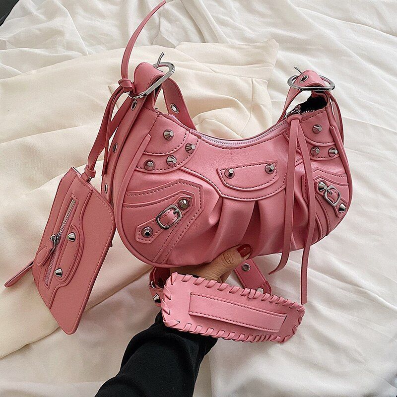 Half Moon Shape Leather Armpit Crossbody Bag Punk Style Vintage Handbag 2Pcs/set