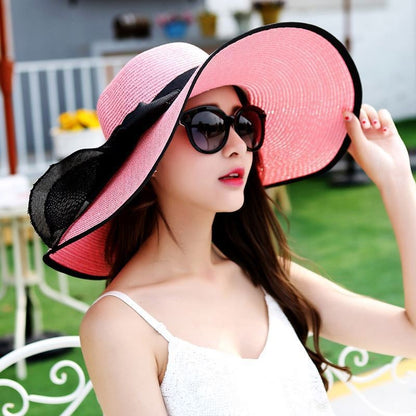 Outdoor Seaside Woman Fashion Big Bow Large Brimmed Cap Foldable Straw Hat