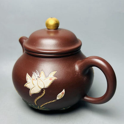 Chinese Yixing Purple Clay Teapot Zisha Ceremony Painted Fine Lotus Flower Rare