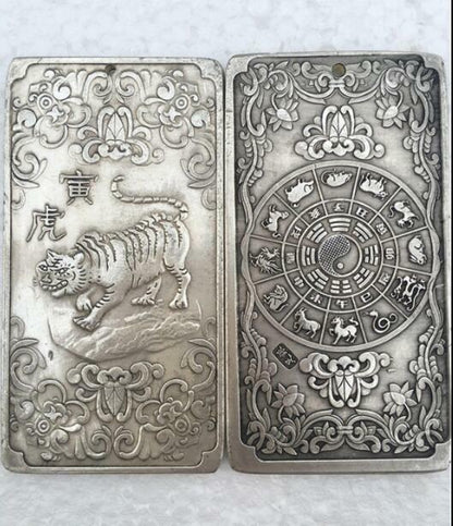12Pc Chinese Old Ancient Twelve Zodiac Tibetan Silver Bullion Thanka Amulet Set