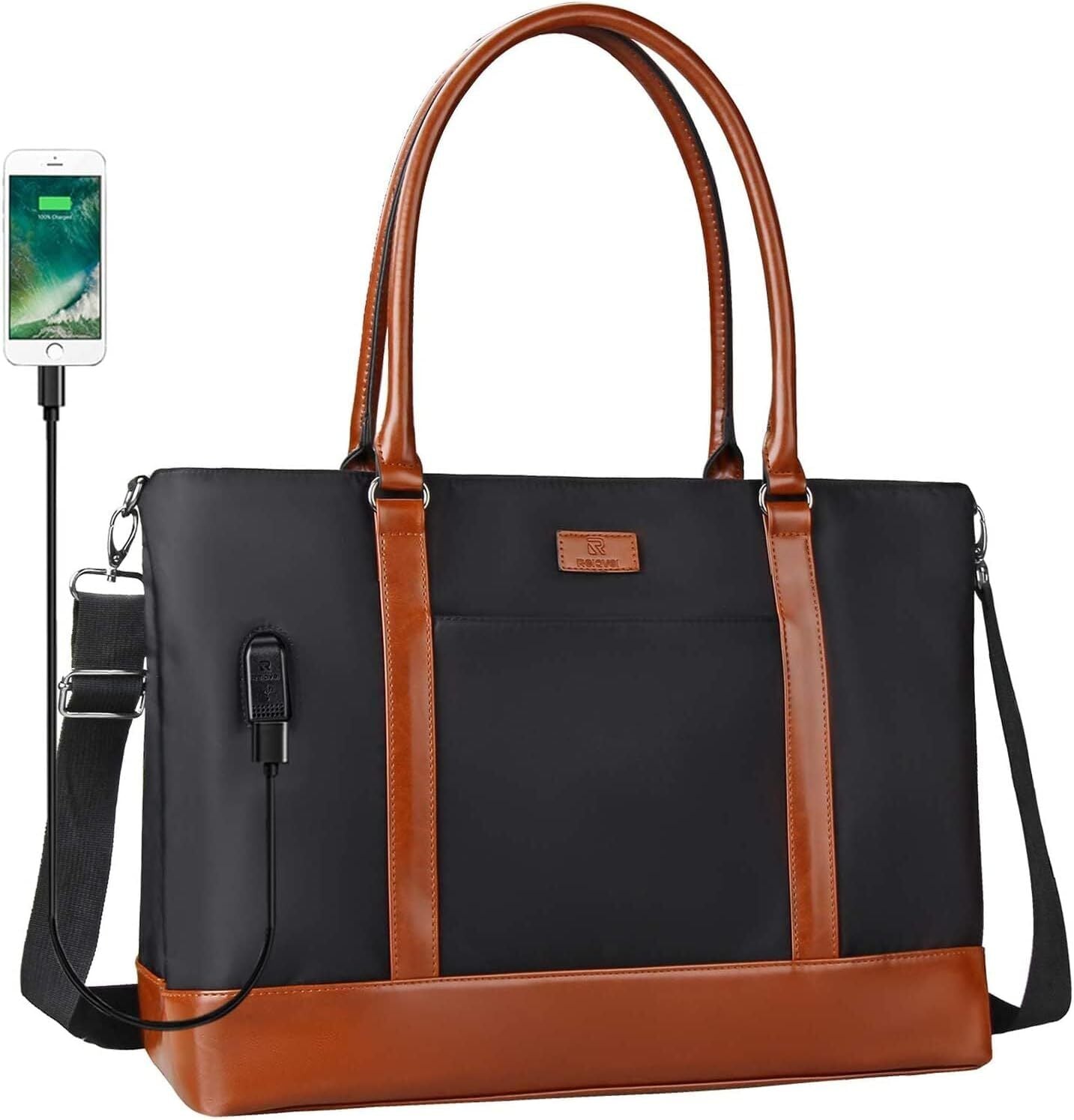 Woman Laptop Tote Bag,USB Teacher Bag Large Work Purse Fits 17.3 Ablack