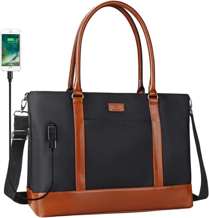 Woman Laptop Tote Bag,USB Teacher Bag Large Work Purse Fits 17.3 Ablack