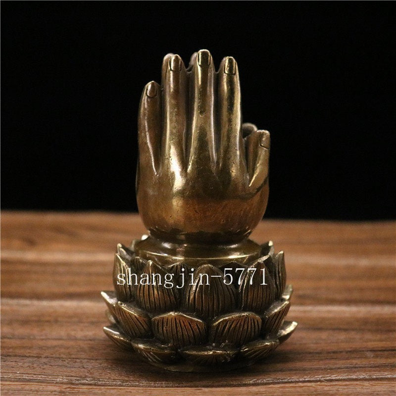 Tibet Bronze Buddhist Lotus Pray Buddha Hand Statue Box Incense Burner Censer