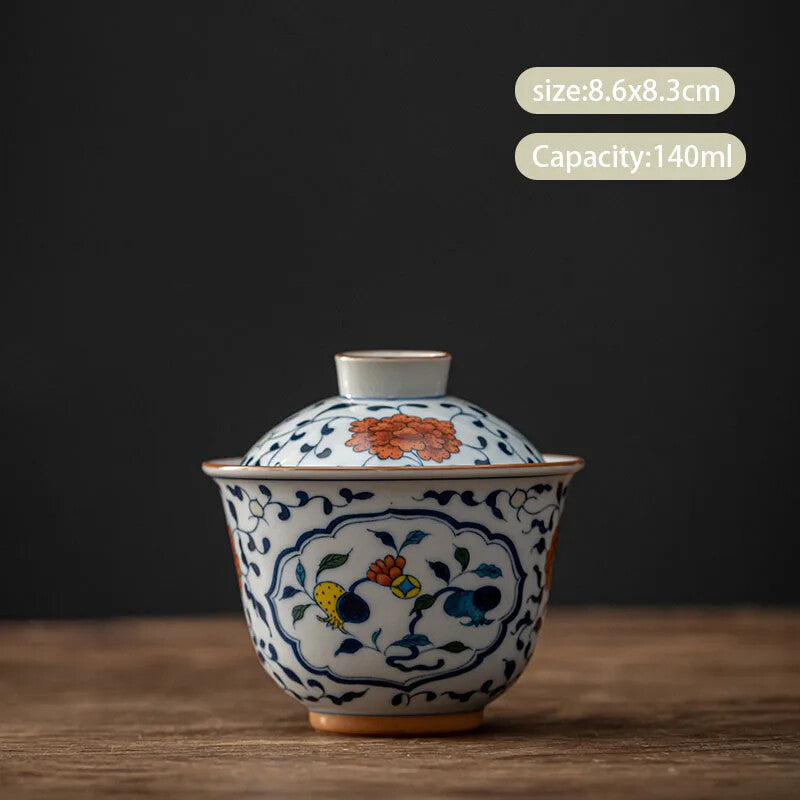 Chinese Blue and White Ceramic Gaiwan Pot Bearing Handmade Tea Bowl Teacup