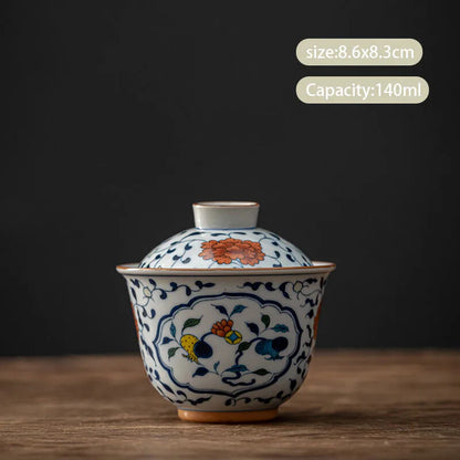 Chinese Blue and White Ceramic Gaiwan Pot Bearing Handmade Tea Bowl Teacup