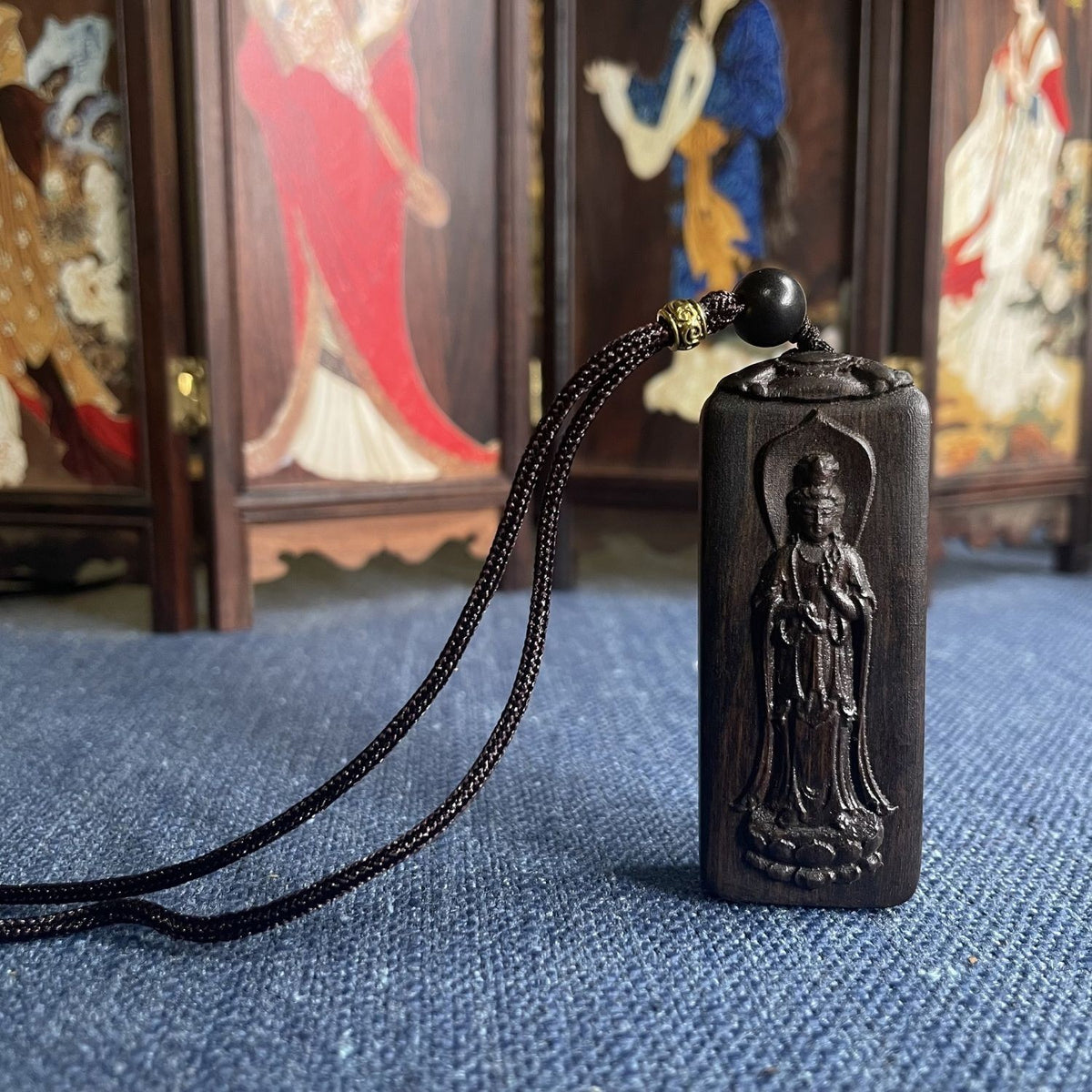 Woven Rope Necklace Natural Wood Carving KWAN-YIN Buddha Lucky Blessing Pendant