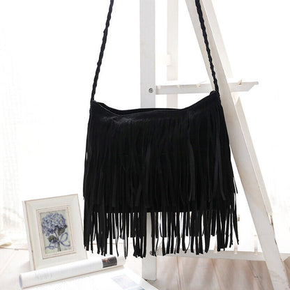 Tassel Crossbody Shoulder Bag Outdoor Travel Bag Suede Fabric Leather Women