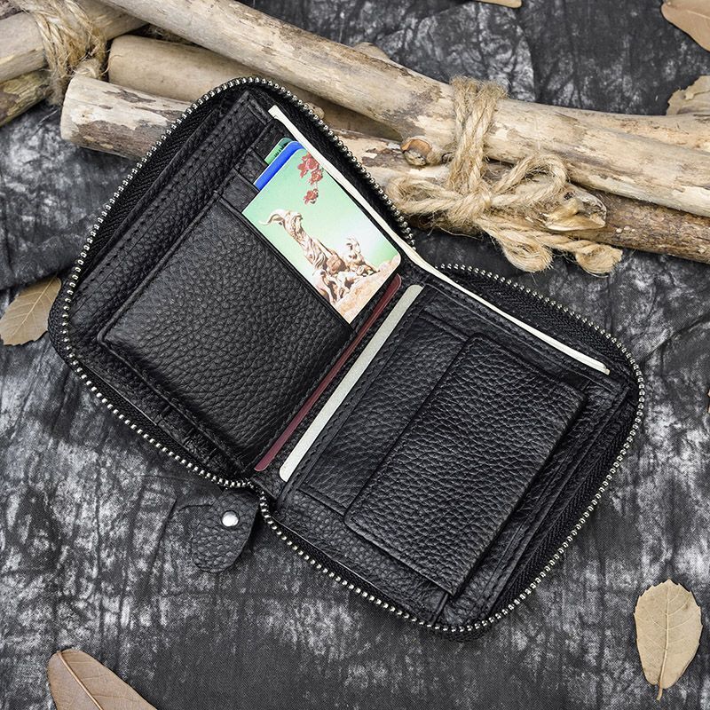 Genuine Leather Zipper Wallet Cowskin Short Purse Coin Pocket Zip Card Bag Small