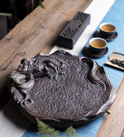 Ceramic Chinese Dragon Tea Tray Round Water Storage Drip Drainage Serving Tray