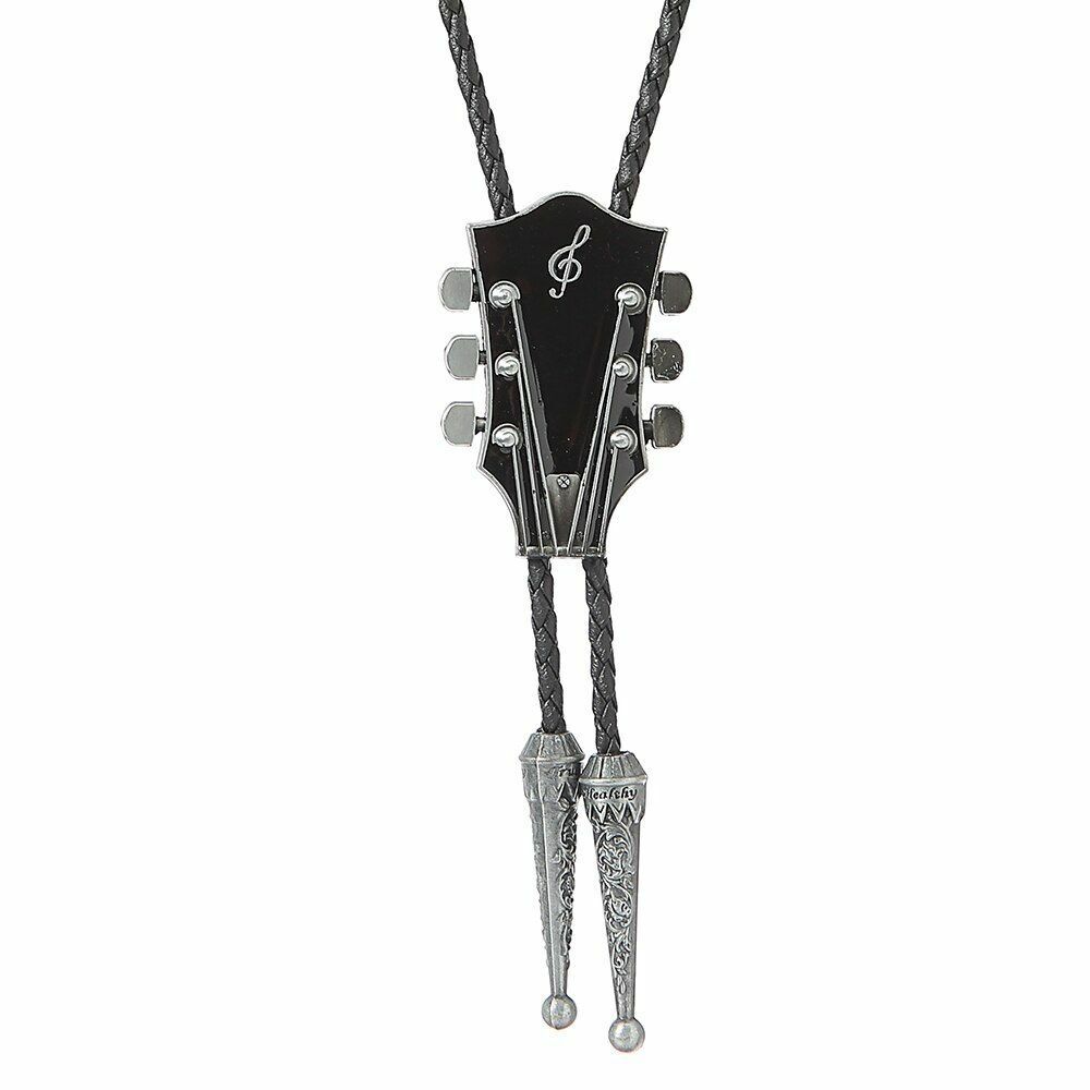 Men Fashion Music Guitar Bolo Ties Pendant Necklace Cowboy Leather Belt Neckties