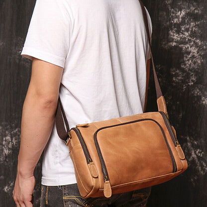 100% Crazy Horse Leather Men's Shoulder Bags Handmade CylinderCrossbody IPAD Bag