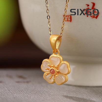 Real S925 Sterling Silver Natural Jade Women Lucky Plum Blossom Flower Pendant